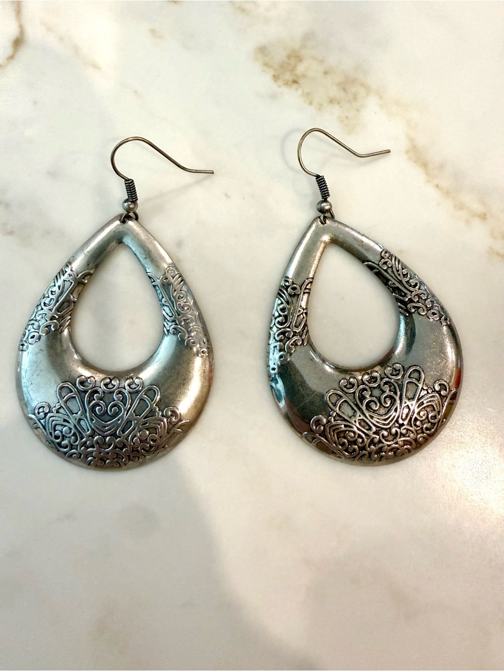 Sterling-Tone Filigree Teardrop Dangle Earrings - Silver